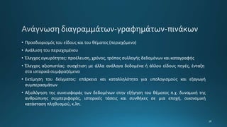 • Προσδιορισμός του είδους και του θέματος (περιεχόμενο)
• Ανάλυση του περιεχομένου
• Έλεγχος εγκυρότητας: προέλευση, χρόνος, τρόπος συλλογής δεδομένων και καταγραφής
• Έλεγχος αξιοπιστίας: συσχέτιση με άλλα ανάλογα δεδομένα ή άλλου είδους πηγές, ένταξη
στα ιστορικά συμφραζόμενα
• Εκτίμηση του δείγματος: επάρκεια και καταλληλότητα για υπολογισμούς και εξαγωγή
συμπερασμάτων
• Αξιολόγηση της συνεισφοράς των δεδομένων στην εξήγηση του θέματος π.χ. δυναμική της
ανθρώπινης συμπεριφοράς, ιστορικές τάσεις και συνθήκες σε μια εποχή, οικονομική
κατάσταση πληθυσμού, κ.λπ.
 