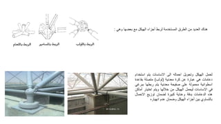 ‫هناك‬
‫العديد‬
‫من‬
‫الطرق‬
‫المستخدمة‬
‫لربط‬
‫الهيكل‬ ‫أجزا‬
‫مع‬
‫بعيها‬
‫وهي‬
:
‫لحمل‬
‫الهيكل‬
‫وتحويل‬
‫احماله‬
‫الى‬
‫االساسات‬
‫يتم‬
‫استخ‬
‫دام‬
‫دعامات‬
‫هي‬
‫عبارة‬
‫عن‬
‫كرة‬
‫معدنية‬
(
‫لولب‬
)
‫متصلة‬
‫بقاعد‬
‫ة‬
‫اسطوانية‬
‫محمولة‬
‫على‬
‫صفيحة‬
‫معدنية‬
‫يتم‬
‫ربطها‬
‫بب‬
‫رغي‬
‫في‬
‫االساسات‬
‫ليحمل‬
‫الهيكل‬
‫من‬
‫خهلها‬
‫ويتم‬
‫اختيار‬
‫أم‬
‫اكن‬
‫هذه‬
‫الدعامات‬
‫ة‬ ‫بد‬
‫وعناية‬
‫كبيرة‬
‫ليمان‬
‫توزيع‬
‫االحمال‬
‫بالتساوي‬
‫بين‬
‫أجزا‬
‫الهيكل‬
‫ويمان‬
‫عدم‬
‫انهياره‬
 