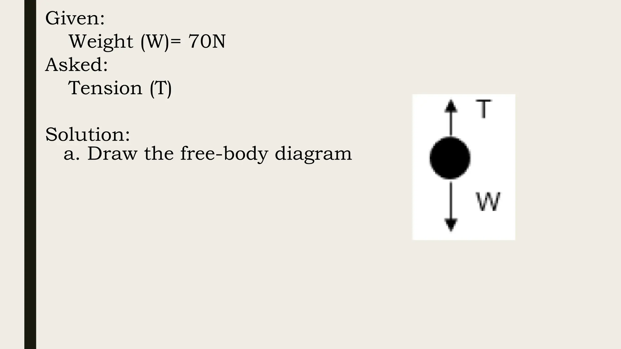 Given:
Weight (W)= 70N
Asked:
Tension (T)
Solution:
a. Draw the free-body diagram
 