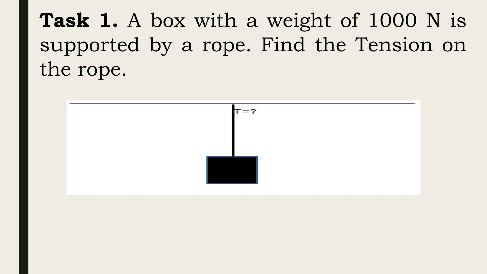 Task 1. A box with a weight of 1000 N is
supported by a rope. Find the Tension on
the rope.
 