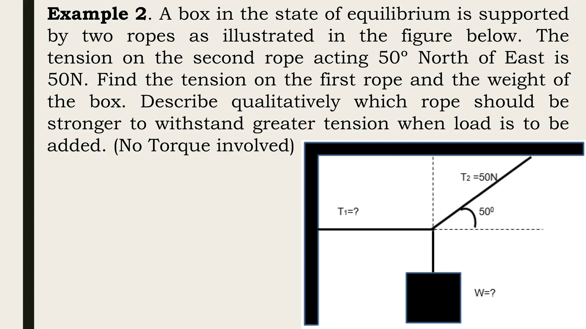 Example 2. A box in the state of equilibrium is supported
by two ropes as illustrated in the figure below. The
tension on the second rope acting 50º North of East is
50N. Find the tension on the first rope and the weight of
the box. Describe qualitatively which rope should be
stronger to withstand greater tension when load is to be
added. (No Torque involved)
 