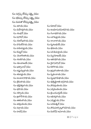 11 | P a g e
ఓం ఉగ
ీ స్ో దేవస్ో పత్
య ిో నమః
ఓం భీమస్ో దేవస్ో పత్
య ిో నమః
ఓం మహత్ర దేవస్ోపత్
య ిో నమః
ఓం శివాయ నమః ఓం కపాలినే నమః
ఓం మహేశ్ారాయ నమః ఓం అంధకాస్తరసూదనాయ నమః
ఓం శ్ంభ్వే నమః ఓం గంగ్భధరాయ నమః
ఓం పినాకినే నమః ఓం లలాటక్షాయ నమః
ఓం శ్శిశ్వఖరాయ నమః ఓం కాలకాలాయ నమః
ఓం వామదేవాయ నమః ఓం కృపానిధయే నమః
ఓం విరూపాక్షాయ నమః ఓం భీమాయ నమః
ఓం కపర్వ
ా నే నమః ఓం పరశుహసా
వ య నమః
ఓం నీలలోహిత్వయ నమః ఓం మృగపాణయే నమః
ఓం శ్ంకరాయ నమః ఓం జటాధరాయ నమః
ఓం శూలపాణయే నమః ఓం క
య లాస్వాసనే నమః
ఓం ఖటాాంగ్వనే నమః ఓం కఠోరాయ నమః
ఓం విష్ణ
ు వల
ు భాయ నమః ఓం తి
ీ పరాంతకాయ నమః
ఓం శిపివిష్ణ
ా య నమః ఓం వృష్ణంకాయ నమః
ఓం అంబికానాథాయ నమః ఓం వృష్భారూఢాయ నమః
ఓం శ్ర
ీ కంఠాయ నమః ఓం భ్సోమద
ా ళిత విగ
ీ హాయ నమః
ఓం భ్క
వ వతీలాయ నమః ఓం సోమపి
ీ యాయ నమః
ఓం భ్వాయ నమః ఓం స్రామయాయ నమః
ఓం శ్రాాయ నమః ఓం త
ీ యీమూర
వ యే నమః
ఓం తి
ీ లోకేశాయ నమః ఓం అనీశ్ారాయ నమః
ఓం శితికంఠాయ నమః ఓం స్రాజా
ా య నామః
ఓం శివపి
ీ యాయ నమః ఓం పరమాతమనే నమః
ఓం ఉగ్భ
ీ య నమః ఓం సోమసూరాోగ్విలోచనాయ నమః
ఓం హవిషే నమః ఓం మహాస్తన జనకాయ నమః
 