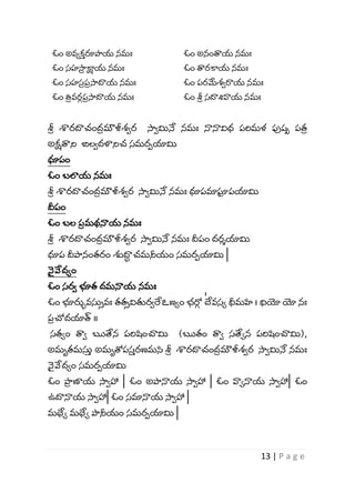 13 | P a g e
ఓం అవోక
వ రూపాయ నమః ఓం అనంత్వయ నమః
ఓం స్హసా
ీ క్షాయ నమః ఓం త్వరకాయ నమః
ఓం స్హస్
ీ ప
ీ సాదాయ నమః ఓం పరమేశ్ారాయ నమః
ఓం తి
ీ వర
్ ప
ీ సాదాయ నమః ఓం శ్ర
ీ స్దాశివాయ నమః
శ్ర
ీ శారదాచంద
ీ మౌళీశ్ార సాామినే నమః నానావిధ పర్వమళ్ పష్ప పత
ీ
అక్షత్వని బిలాదళానిచ స్మరపయామి
ధూపం
ఓం బ్లాయ నమః
శ్ర
ీ శారదాచంద
ీ మౌళీశ్ార సాామినే నమః ధూపమాఘా
ా పయామి
దీపం
ఓం బ్ల ప
ీ మథనాయ నమః
శ్ర
ీ శారదాచంద
ీ మౌళీశ్ార సాామినే నమః దీపం దరశయామి
ధూప దీపానంతరం శుదా
ా చమనీయం స్మరపయామి |
న
య వేదోం
ఓం స్రా భూత దమనాయ నమః
ఓం భూరుువస్తీవః తతీవితురార్దఽణోం భ్రో
్ ॑ దేవస్ో ధీమహి । ధియో యో నః
ప
ీ చోదయాత్ ॥
స్తోం త్వా ఋతేన పర్వషంచ్చమి (ఋతం త్వా స్తేోన పర్వషంచ్చమి),
అమృతమస్త
వ అమృత్రపస్
వ రణమస శ్ర
ీ శారదాచంద
ీ మౌళీశ్ార సాామినే నమః
న
య వేదోం స్మరపయామి
ఓం పా
ీ ణాయ సాాహా | ఓం అపానాయ సాాహా | ఓం వాోనాయ సాాహా| ఓం
ఉదానాయ సాాహా| ఓం స్మానాయ సాాహా |
మధేో మధేో పానీయం స్మరపయామి |
 