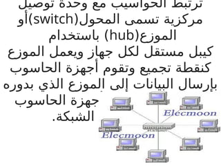 ‫توصيل‬ ‫وحدة‬ ‫مع‬ ‫الحواسيب‬ ‫ترتبط‬
(‫المحول‬ ‫تسمى‬ ‫مركزية‬
switch
‫)أو‬
(‫الموزع‬
hub
‫باستخدام‬ )
‫الموزع‬ ‫ويعمل‬ ‫جهاز‬ ‫لكل‬ ‫مستقل‬ ‫كيبل‬
‫الحاسوب‬ ‫أجهزة‬ ‫وتقوم‬ ‫تجميع‬ ‫كنقطة‬
‫بدوره‬ ‫الذي‬ ‫الموزع‬ ‫إلى‬ ‫البيانات‬ ‫بإرسال‬
‫الحاسوب‬ ‫أجهزة‬ ‫إلى‬ ‫بتوصيلها‬ ‫م‬B
‫و‬‫يق‬
.‫الشبكة‬ ‫داخل‬ ‫األخرى‬
 
