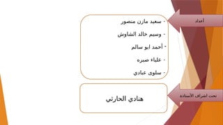 ‫أعداد‬
‫األستاذة‬ ‫اشراف‬ ‫تحت‬
-
‫منصور‬ ‫مازن‬ ‫سعيد‬
-
‫الشاوش‬ ‫خالد‬ ‫وسيم‬
-
‫سالم‬ ‫ابو‬ ‫أحمد‬
-
‫صبره‬ ‫علياء‬
-
‫عبادي‬ ‫سلوى‬
‫الحارثي‬ ‫هنادي‬
 