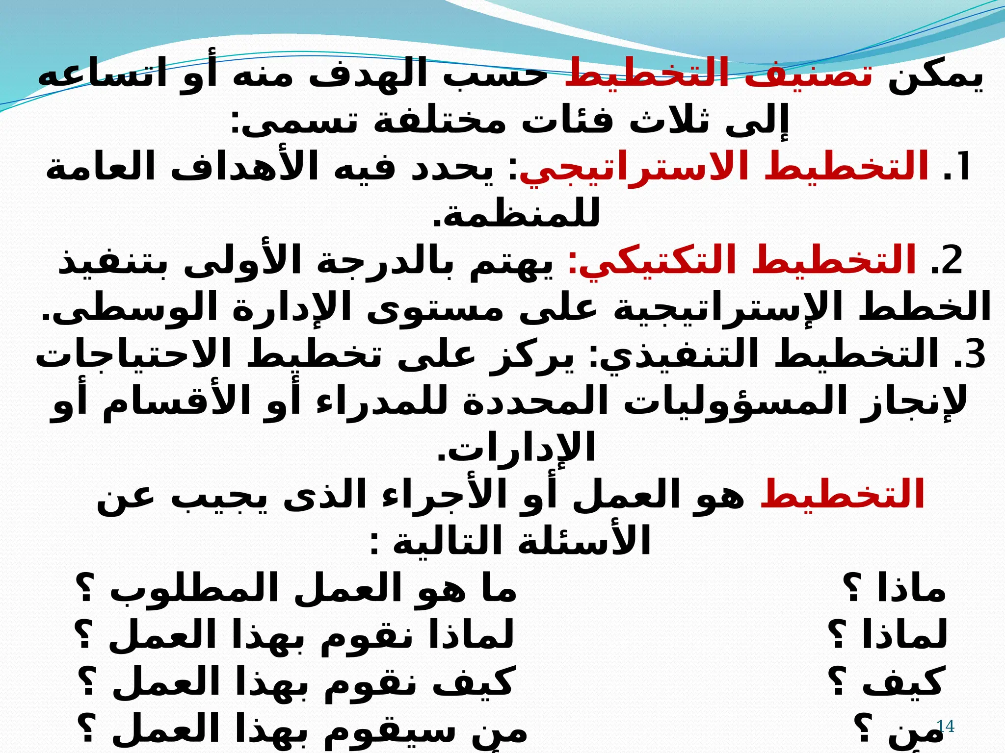 14
‫يمكن‬
‫التخطيط‬ ‫تصنيف‬
‫اتساعه‬ ‫أو‬ ‫منه‬ ‫الهدف‬ ‫حسب‬
:‫تسمى‬ ‫مختلفة‬ ‫فئات‬ ‫ثالث‬ ‫إلى‬
1
.
‫االستراتيجي‬ ‫التخطيط‬
:
‫العامة‬ ‫األهداف‬ ‫فيه‬ ‫يحدد‬
.‫للمنظمة‬
2
.
:‫التكتيكي‬ ‫التخطيط‬
‫بتنفيذ‬ ‫األولى‬ ‫بالدرجة‬ ‫يهتم‬
.‫الوسطى‬ ‫اإلدارة‬ ‫مستوى‬ ‫على‬ ‫اإلستراتيجية‬ ‫الخطط‬
3
: .
‫االحتياجات‬ ‫تخطيط‬ ‫على‬ ‫يركز‬ ‫التنفيذي‬ ‫التخطيط‬
‫أو‬ ‫األقسام‬ ‫أو‬ ‫للمدراء‬ ‫المحددة‬ ‫المسؤوليات‬ ‫إلنجاز‬
.‫اإلدارات‬
‫ا‬
‫لتخطيط‬
‫عن‬ ‫يجيب‬ ‫الذى‬ ‫األجراء‬ ‫أو‬ ‫العمل‬ ‫هو‬
: ‫التالية‬ ‫األسئلة‬
‫؟‬ ‫المطلوب‬ ‫العمل‬ ‫هو‬ ‫ما‬ ‫؟‬ ‫ماذا‬
‫؟‬ ‫العمل‬ ‫بهذا‬ ‫نقوم‬ ‫لماذا‬ ‫؟‬ ‫لماذا‬
‫؟‬ ‫العمل‬ ‫بهذا‬ ‫نقوم‬ ‫كيف‬ ‫؟‬ ‫كيف‬
‫؟‬ ‫العمل‬ ‫بهذا‬ ‫سيقوم‬ ‫من‬ ‫؟‬ ‫من‬
 