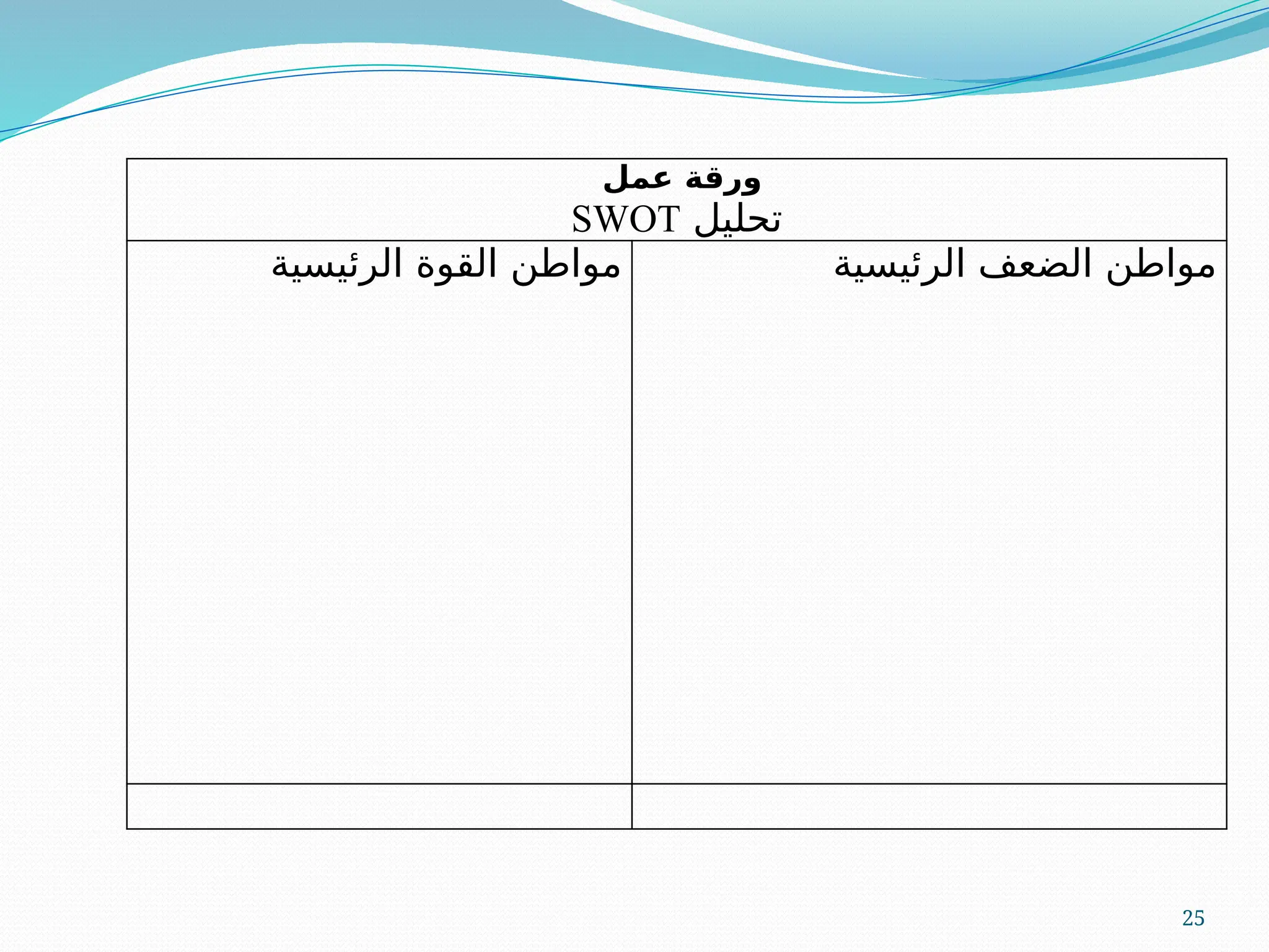 25
‫عمل‬ ‫ورقة‬
‫تحليل‬
SWOT
‫الرئيسية‬ ‫القوة‬ ‫مواطن‬ ‫الرئيسية‬ ‫الضعف‬ ‫مواطن‬
 