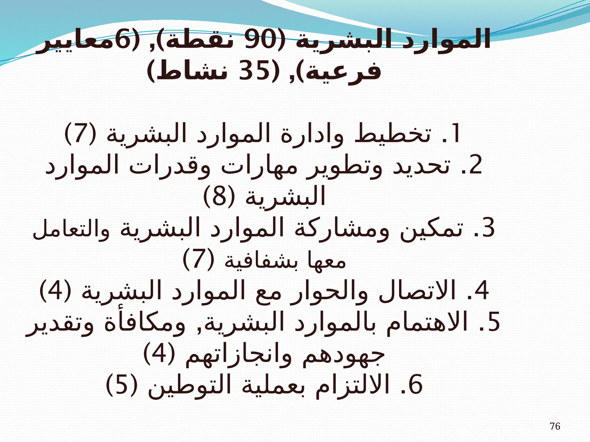 76
( ‫البشرية‬ ‫الموارد‬
90
( ,)‫نقطة‬
6
‫معايير‬
( ,)‫فرعية‬
35
)‫نشاط‬
1
( .
‫البشرية‬ ‫الموارد‬ ‫وادارة‬ ‫تخطيط‬
7
)
2
.
‫الموارد‬ ‫وقدرات‬ ‫مهارات‬ ‫وتطوير‬ ‫تحديد‬
( ‫البشرية‬
8
)
3
.
‫البشرية‬ ‫الموارد‬ ‫ومشاركة‬ ‫تمكين‬
‫والتعامل‬
‫بشفافية‬ ‫معها‬
(
7
)
4
( .
‫البشرية‬ ‫الموارد‬ ‫مع‬ ‫والحوار‬ ‫االتصال‬
4
)
5
, .
‫وتقدير‬ ‫ومكافأة‬ ‫البشرية‬ ‫بالموارد‬ ‫االهتمام‬
( ‫وانجازاتهم‬ ‫جهودهم‬
4
)
6
( .
‫التوطين‬ ‫بعملية‬ ‫االلتزام‬
5
)
 