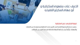 13
13
‫السكرتارية‬ ‫عمر‬ ‫في‬ ‫النياح‬ ‫يفية‬
‫ب‬‫ب‬‫الص‬ ‫بح‬‫ب‬‫م‬ ‫بة‬‫ب‬‫ع‬ ‫كميم‬ ‫بافها‬‫ب‬‫اتص‬ ‫بل‬‫ب‬‫عم‬ ‫بك‬‫ب‬‫التمي‬ ‫بي‬‫ب‬‫ف‬ ‫بة‬‫ب‬ ‫الراغ‬ ‫بكرتيرة‬‫ب‬‫الس‬ ‫باح‬‫ب‬‫ني‬ ‫بد‬‫ب‬‫يعتم‬
‫فات‬
‫ف‬ ‫ظا‬ ‫ال‬ ‫مح‬ ‫ع‬ ‫الن‬ ‫اذا‬ ‫في‬ ‫الخاصة‬ ‫المهام‬ ‫ها‬ ‫إدرا‬ ‫ييب‬ ‫ومي‬ ‫والمهاراتأ‬
.
‫و‬ ‫السكرتارية‬ ‫م‬ ‫مفه‬ ‫عمل‬ ‫التعرف‬
‫التنفيذي‬ ‫السكرتير‬ ‫مهام‬ ‫مكرز‬
 