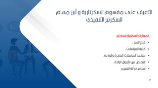 17
‫مها‬ ‫مكرز‬ ‫و‬ ‫السكرتارية‬ ‫م‬ ‫مفه‬ ‫عمل‬ ‫التعرف‬
‫م‬
‫التنفيذي‬ ‫السكرتير‬
‫لمسكرتير‬ ‫ية‬ ‫المكت‬ ‫المهارات‬
•
‫ريد‬ ‫ال‬ ‫فتح‬
.
•
‫الت‬ ‫المرا‬ ‫تاكة‬
.
•
‫اردة‬ ‫وال‬ ‫الصادرة‬ ‫الت‬ ‫المرا‬ ‫متاكعة‬
.
•
‫دة‬ ‫الكا‬ ‫ارورا‬ ‫مح‬ ‫التخمر‬
.
•
‫ير‬ ‫التص‬ ‫علة‬ ‫تخدام‬ ‫ا‬
.
 