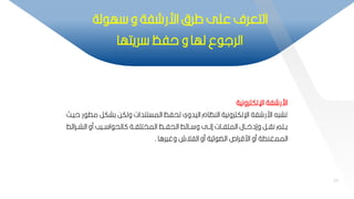 34
‫اإللكترونية‬ ‫اررشفة‬
‫كشك‬ ‫ولكح‬ ‫المستندات‬ ‫لحفظ‬ ‫اليدوي‬ ‫النظام‬ ‫اإللكترونية‬ ‫اررشفة‬ ‫ه‬ ‫تش‬
‫حيبم‬ ‫ر‬ ‫مط‬ ‫ر‬
‫الشبب‬ ‫مو‬ ‫بيب‬‫ب‬ ‫ا‬ ‫الح‬ ‫بة‬‫ب‬‫المختمف‬ ‫بظ‬‫ب‬‫الحف‬ ‫ط‬ ‫با‬‫ب‬ ‫و‬ ‫إلببل‬ ‫بات‬‫ب‬‫الممف‬ ‫وإداببال‬ ‫بر‬‫ب‬‫نا‬ ‫بتم‬‫ب‬‫ي‬
‫ط‬ ‫را‬
‫وغيراا‬ ‫الفالش‬ ‫مو‬ ‫ية‬ ‫ال‬ ‫ارقراه‬ ‫مو‬ ‫الممغنطة‬
.
34
‫لة‬ ‫ه‬ ‫و‬ ‫اررشفة‬ ‫طر‬ ‫عمل‬ ‫التعرف‬
‫ريتها‬ ‫حفظ‬ ‫و‬ ‫لها‬ ‫ع‬ ‫الرل‬
 