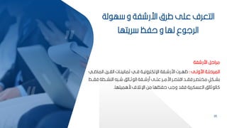 35
‫لة‬ ‫ه‬ ‫و‬ ‫اررشفة‬ ‫طر‬ ‫عمل‬ ‫التعرف‬
‫ريتها‬ ‫حفظ‬ ‫و‬ ‫لها‬ ‫ع‬ ‫الرل‬
‫اررشفة‬ ‫مراحر‬
‫بل‬‫ب‬‫ارول‬ ‫بة‬‫ب‬‫المرحم‬
:
‫ب‬‫ب‬‫الماض‬ ‫برن‬‫ب‬‫الا‬ ‫بات‬‫ب‬‫ثمانين‬ ‫بي‬‫ب‬‫ف‬ ‫بة‬‫ب‬‫اإللكتروني‬ ‫بفة‬‫ب‬‫اررش‬ ‫برت‬‫ب‬‫ظه‬
‫ي‬
‫ف‬ ‫النشببطة‬ ‫ه‬ ‫شبب‬ ‫ف‬ ‫ثببا‬ ‫ال‬ ‫مرشببفة‬ ‫عمببل‬ ‫ارمببر‬ ‫اقتصببر‬ ‫فاببد‬ ‫مختصببر‬ ‫م‬
‫كشببكر‬
‫ببط‬‫ب‬‫ا‬
‫راميتها‬ ‫اإلتالف‬ ‫مح‬ ‫حفظها‬ ‫ولب‬ ‫فاد‬ ‫العسكرية‬ ‫ف‬ ‫ثا‬ ‫ال‬
.
 