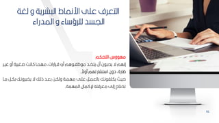 61
‫لغة‬ ‫و‬ ‫شرية‬ ‫ال‬ ‫ارنماط‬ ‫عمل‬ ‫التعرف‬
‫المدراء‬ ‫و‬ ‫اء‬ ‫لمرؤ‬ ‫اليسد‬
‫التحكم‬ ‫وس‬ ‫مه‬
‫غيبر‬ ‫مو‬ ‫صبغيرة‬ ‫انب‬ ‫مهمبا‬ ‫قبراراتأ‬ ‫مي‬ ‫ام‬ ‫ظفب‬ ‫م‬ ‫يتخبذ‬ ‫من‬ ‫ن‬ ‫يح‬ ‫ة‬ ‫إنهم‬
‫ل‬
‫موة‬ ‫تشارتهم‬ ‫ا‬ ‫دون‬ ‫ضارةأ‬
.
‫بر‬‫ب‬‫كك‬ ‫بك‬‫ب‬‫رون‬ ‫يخ‬ ‫ة‬ ‫بك‬‫ب‬‫ذل‬ ‫بد‬‫ب‬‫كع‬ ‫بح‬‫ب‬‫ولك‬ ‫بة‬‫ب‬‫مهم‬ ‫بل‬‫ب‬‫عم‬ ‫بر‬‫ب‬‫كالعم‬ ‫بك‬‫ب‬‫ن‬ ‫يكمف‬ ‫بم‬‫ب‬‫حي‬
‫با‬‫ب‬‫م‬
‫المهمة‬ ‫مال‬ ‫إل‬ ‫معرفته‬ ‫إلل‬ ‫تحتاج‬
.
 