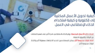 71
‫المكت‬ ‫ارعمال‬ ‫ير‬ ‫تح‬ ‫يفية‬
‫ية‬
‫تخد‬ ‫ا‬ ‫يفية‬ ‫و‬ ‫إلكترونية‬ ‫إلل‬
‫ام‬
‫العمر‬ ‫في‬ ‫اإلصطناعي‬ ‫اء‬ ‫الذ‬
‫المحسنة‬ ‫ارعمال‬ ‫اء‬ ‫ذ‬ ‫قدرات‬
:
‫العالق‬ ‫فهم‬ ‫عمل‬ ‫ر‬ ‫م‬ ‫قدرة‬ ‫اةصطناعي‬ ‫اء‬ ‫الذ‬ ‫فر‬ ‫ي‬
‫ات‬
‫الدقياة‬ ‫والفرو‬ ‫يانات‬ ‫ال‬ ‫كيح‬
.
‫ثر‬ ‫م‬ ‫ة‬ ‫مدرو‬ ‫قرارات‬ ‫اتخاذ‬
:
‫و‬ ‫بر‬ ‫م‬ ‫لة‬ ‫كسه‬ ‫اةتيااات‬ ‫تحديد‬ ‫لممستخدميح‬ ‫يمكح‬
‫اتخباذ‬
‫ثر‬ ‫م‬ ‫ة‬ ‫مدرو‬ ‫قرارات‬
.
71
 