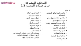 105
:‫المشتركة‬ ‫دخالت‬ُ‫م‬‫ال‬
‫المنظمة‬ ‫ات‬ّ‫عملي‬ ‫أصول‬
2/2
•
:‫أمثلة‬
•
‫المشاريع‬ ‫لوثائق‬ ‫جاهزة‬ ‫قوالب‬
‫المشتركة‬
•
‫سابق‬ ‫مشروع‬ ‫خطة‬ ‫من‬ ‫أمثلة‬
•
‫حاسوب‬ ‫برنامج‬ ‫أدوات‬
•
‫ملفات‬ :‫المشروع‬ ‫بيانات‬ ‫قواعد‬
‫وسجالته‬ ‫المشروع‬
•
‫التاريخية‬ ‫المعلومات‬
•
‫المستفادة‬ ‫الدروس‬
•
‫ات‬ّ‫العملي‬ ‫تعريفات‬
•
‫المنظمة‬ ‫اتصال‬ ‫حاجات‬
•
‫االكتمال‬ ‫معايير‬
–
‫المالية‬ ‫التحتية‬ ‫البنية‬
–
‫المشكالت‬ ‫إدارة‬
–
‫التغيير‬ ‫ضبط‬ ‫ات‬ّ‫عملي‬
–
‫المخاطر‬ ‫إدارة‬
–
‫بالعمل‬ ‫التصريح‬
–
‫المعرقة‬ ‫قواعد‬
–
‫ات‬ّ‫العملي‬ ‫بيانات‬
–
‫التغيير‬ ‫إدارة‬
–
‫في‬ ‫المنظمة‬ ‫تعليمات‬ ،‫إجراءات‬ ،‫سياسات‬
،‫المالية‬ ،‫(المخاطر‬ ‫المجاالت‬ ‫من‬ ‫أي‬
)‫إلخ‬ ،‫التغيير‬ ‫ضبط‬ ،‫التقارير‬
 