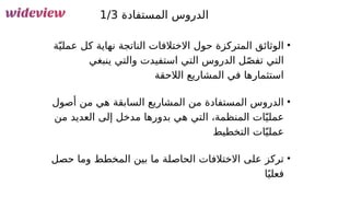 107
‫المستفادة‬ ‫الدروس‬
1/3
•
‫ة‬ّ‫ي‬‫عمل‬ ‫كل‬ ‫نهاية‬ ‫الناتجة‬ ‫االختالفات‬ ‫حول‬ ‫المتركزة‬ ‫الوثائق‬
‫ينبغي‬ ‫والتي‬ ‫استفيدت‬ ‫التي‬ ‫الدروس‬ ‫ل‬ّ‫ص‬‫تف‬ ‫التي‬
‫الالحقة‬ ‫المشاريع‬ ‫في‬ ‫استثمارها‬
•
‫أصول‬ ‫من‬ ‫هي‬ ‫السابقة‬ ‫المشاريع‬ ‫من‬ ‫المستفادة‬ ‫الدروس‬
‫من‬ ‫العديد‬ ‫إلى‬ ‫مدخل‬ ‫بدورها‬ ‫هي‬ ‫التي‬ ،‫المنظمة‬ ‫ات‬ّ‫عملي‬
‫التخطيط‬ ‫ات‬ّ‫عملي‬
•
‫حصل‬ ‫وما‬ ‫المخطط‬ ‫بين‬ ‫ما‬ ‫الحاصلة‬ ‫االختالفات‬ ‫على‬ ‫تركز‬
‫ا‬ً‫فعلي‬
 