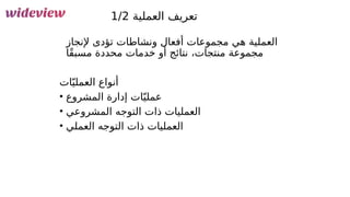 126
‫العملية‬ ‫تعريف‬
1/2
‫إلنجاز‬ ‫تؤدى‬ ‫ونشاطات‬ ‫أفعال‬ ‫مجموعات‬ ‫هي‬ ‫العملية‬
‫ًا‬‫ق‬‫مسب‬ ‫محددة‬ ‫خدمات‬ ‫أو‬ ‫نتائج‬ ،‫منتجات‬ ‫مجموعة‬
‫ات‬ّ‫العملي‬ ‫أنواع‬
• ‫المشروع‬ ‫إدارة‬ ‫ات‬ّ‫عملي‬
• ‫المشروعي‬ ‫التوجه‬ ‫ذات‬ ‫العمليات‬
• ‫العملي‬ ‫التوجه‬ ‫ذات‬ ‫العمليات‬
 