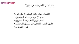 163
‫تنجز؟‬ ‫أن‬ ‫المراقبة‬ ‫على‬ ‫ماذا‬
• ‫فرد‬ ‫لكل‬ ‫المشروع‬ ‫حالة‬ ‫حول‬ ‫االتصال‬
• ‫المشروع‬ ‫حالة‬ ‫عن‬ ‫اإلدارة‬ ‫أعلم‬
• ‫المشروع‬ ‫&ات‬
‫ر‬‫لتغيي‬ ‫ا‬ً‫تبرير‬ ِ‫ط‬‫أع‬
• ‫ط‬ّ‫المخط‬ ‫مقابل‬ ‫في‬ ‫الفعلي‬ ‫التطور‬ ‫قارن‬
• ‫التباينات‬ ‫اشرح‬
 