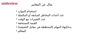 165
‫المعايير‬ ‫عن‬ ‫مثال‬
• ‫الموارد‬ ‫استخدام‬
• ‫المكتملة‬ ‫أو‬ ‫السابقة‬ ‫المخاطر‬ ‫أحداث‬ ‫عدد‬
• ‫الوقت‬ ‫مع‬ ‫التغييرات‬ ‫عدد‬
• ‫المستحقة‬ ‫القيمة‬
• )‫الحقيقية‬ ‫مقابل‬ ‫في‬ ‫(المخططة‬ ‫المهام‬ ‫إنهاء‬/‫بدء‬
• ‫المعالم‬
 
