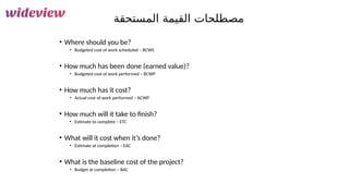169
‫المستحقة‬ ‫القيمة‬ ‫مصطلحات‬
• Where should you be?
• Budgeted cost of work scheduled – BCWS
• How much has been done (earned value)?
• Budgeted cost of work performed – BCWP
• How much has it cost?
• Actual cost of work performed – ACWP
• How much will it take to finish?
• Estimate to complete – ETC
• What will it cost when it’s done?
• Estimate at completion – EAC
• What is the baseline cost of the project?
• Budget at completion – BAC
 