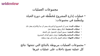 34
‫العمليات‬ ‫مجموعات‬
•
‫الحياة‬ ِ‫ة‬‫دور‬ ‫في‬ ‫طة‬َّ‫ط‬َ‫خ‬ُ‫م‬ ‫المشروع‬ ِ‫ة‬‫إدار‬ ‫عمليات‬
:‫مجموعات‬ ‫في‬ ِ‫ة‬‫م‬َّ‫نظ‬ُ‫م‬‫و‬
•
:‫البدء‬ ‫ات‬ّ‫ي‬‫عمل‬
‫ذلك‬ ‫بفعل‬ ‫وااللتزام‬ ‫تبدأ‬ ‫أن‬ ‫ينبغي‬ ‫المرحلة‬ ‫أو‬ ‫المشروع‬ ‫أن‬ ‫تقدير‬
•
:‫التخطيط‬ ‫ات‬ّ‫ي‬‫عمل‬
‫عمل‬ ‫مخطط‬ ‫د‬ّ‫ه‬‫وتع‬ ‫ابتكار‬
•
:‫التنفيذ‬ ‫ات‬ّ‫ي‬‫عمل‬
‫الخطة‬ ‫على‬ ‫للحصول‬ ‫الموارد‬ ‫تنسيق‬
•
:‫والمراقبة‬ ‫المتابعة‬ ‫ات‬ّ‫ي‬‫عمل‬
‫المشروع‬ ‫أهداف‬ ‫تحقق‬ ‫ضمان‬
•
:‫اإلنهاء‬ ‫ات‬ّ‫ي‬‫عمل‬
‫ة‬ّ‫م‬‫منظ‬ ‫نهاية‬ ‫إلى‬ ‫وأخذه‬ ‫القبول‬ ‫تشكيل‬
•
‫نتائج‬ ‫تنتجها؛‬ ‫التي‬ ‫بالنتائج‬ ‫مربوطة‬ ‫العمليات‬ ‫مجموعات‬
‫غيرها‬ ‫عمليات‬ ‫على‬ ‫داخالت‬ ‫تصبح‬ ‫عملية‬ ‫كل‬
 