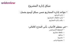 45
‫المشروع‬ ‫إدارة‬ ‫سياق‬
•
:‫يشمل‬ ‫أوسع‬ ‫سياق‬ ‫ضمن‬ ‫المشاريع‬ ‫إدارة‬ ‫تتواجد‬
•
،‫البرامج‬ ‫إدارة‬
•
،‫المشاريع‬ ‫حافظات‬ ‫إدارة‬
•
‫المشاريع‬ ‫إدارة‬ ‫مكتب‬
.
•
:‫كالتالي‬ ‫ج‬ّ‫التدر‬ ‫يأتي‬ ،‫األحيان‬ ‫معظم‬ ‫في‬
•
،‫االستراتيجي‬ ‫المخطط‬
•
،‫مشاريع‬ ‫حافظة‬
•
،‫برنامج‬
•
،‫مشروع‬
•
.‫فرعي‬ ‫مشروع‬
 