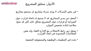 66
&
‫ع‬‫&مشرو‬
‫ل‬‫ا‬ ‫ق‬ّ&
‫س‬‫من‬ :‫األدوار‬
•
‫مشاريع‬ ‫منسقو‬ ‫بل‬ ‫مشاريع‬ ‫مدراء‬ ‫يوجد‬ ‫ال‬ ‫الشركات‬ ‫بعض‬ ‫في‬
•
‫حول‬ ‫قرارت‬ ‫باتخاذ‬ ‫له‬ ‫يسمح‬ ‫ال‬ ‫قد‬ .‫المشاريع‬ ‫مدير‬ ‫من‬ ‫أضعف‬
‫يمنح‬ ‫قد‬ ‫لكن‬ ،‫عام‬ ٍ‫بشكل‬ ‫المشروع‬ ‫حول‬ ‫قرارات‬ ‫أو‬ ‫الميزانية‬
‫الموارد‬ ‫تخصيص‬ ‫إعادة‬ ‫صالحية‬
•
‫بعض‬ ‫وله‬ ،‫العليا‬ ‫اإلدارة‬ ‫مع‬ ‫االتصاالت‬ ‫رابط‬ ‫دور‬ ‫يشغل‬
‫القرارت‬ ‫اتخاذ‬ ‫في‬ ‫المحدودة‬ ‫الصالحيات‬
•
‫الضعيفة‬ ‫والمصفوفية‬ ‫الوظيفية‬ ‫التنظيمات‬ ‫في‬ ‫نجده‬
 