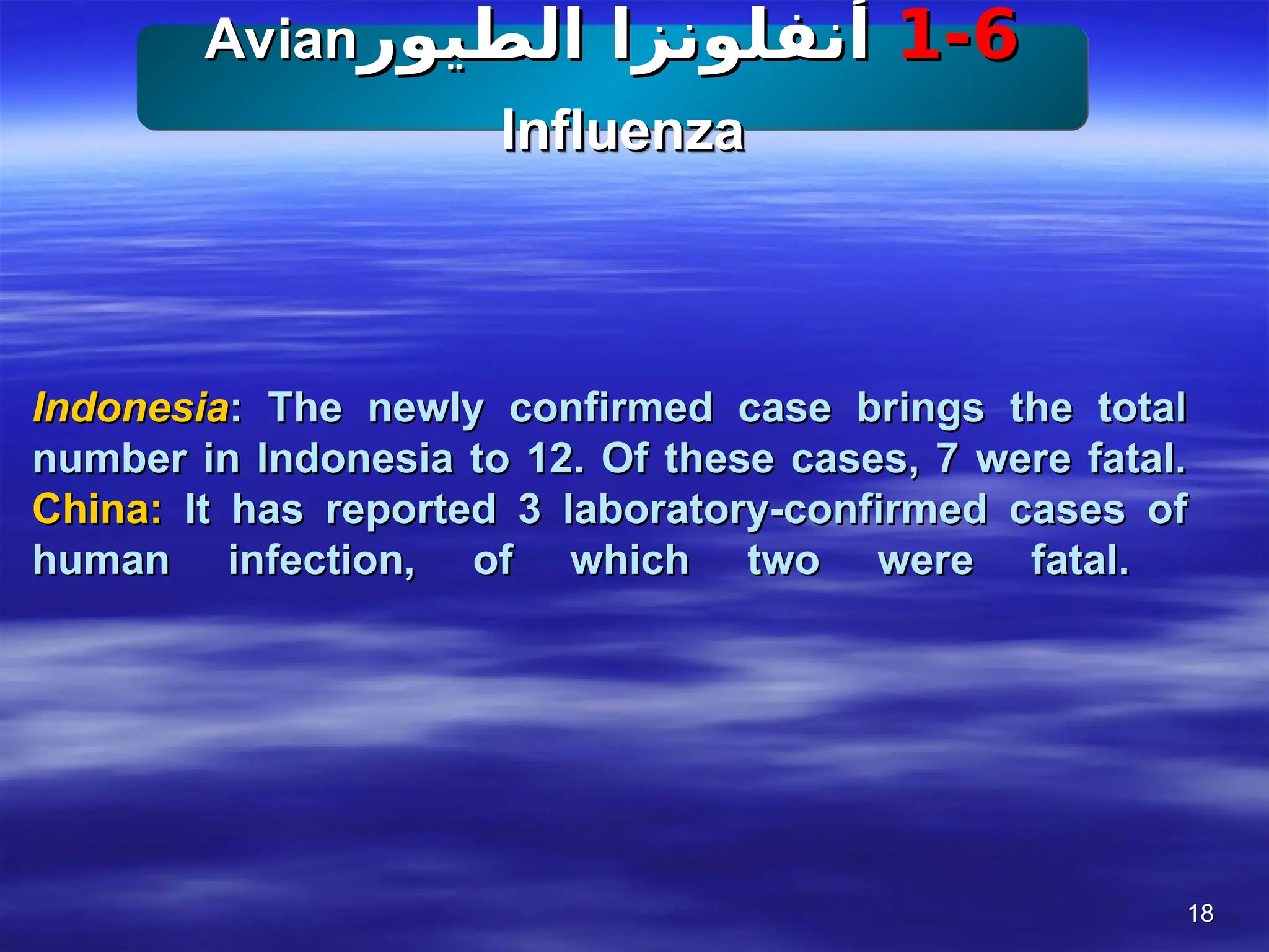 18
18
1-6
1-6
‫الطيور‬ ‫أنفلونزا‬
‫الطيور‬ ‫أنفلونزا‬
Avian
Avian
Influenza
Influenza
Indonesia
Indonesia: The newly confirmed case brings the total
: The newly confirmed case brings the total
number in Indonesia to 12. Of these cases, 7 were fatal.
number in Indonesia to 12. Of these cases, 7 were fatal.
China:
China: It has reported 3 laboratory-confirmed cases of
It has reported 3 laboratory-confirmed cases of
human infection, of which two were fatal.
human infection, of which two were fatal.
 