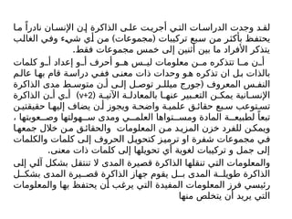 ‫ا‬ ‫م‬ ً‫نادرا‬ ‫ان‬ ‫اإلنس‬ ‫ن‬ ‫إ‬ ‫الذاكرة‬ ‫ى‬ ‫عل‬ ‫ت‬ ‫أجري‬ ‫ي‬ ‫الت‬ ‫ات‬ ‫الدراس‬ ‫وجدت‬ ‫د‬ ‫لق‬
) (
‫الغالب‬ ‫وفي‬ ‫شيء‬ ‫أي‬ ‫من‬ ‫مجموعات‬ ‫ترکیبات‬ ‫سبع‬ ‫من‬ ‫بأكثر‬ ‫يحتفظ‬
.‫فقط‬ ‫مجموعات‬ ‫خمس‬ ‫إلى‬ ‫أثنين‬ ‫بين‬ ‫ما‬ ‫األفراد‬ ‫يتذكر‬
‫كلمات‬ ‫و‬ ‫أ‬ ‫إعداد‬ ‫و‬ ‫أ‬ ‫أحرف‬ ‫و‬ ‫ه‬ ‫س‬ ‫لي‬ ‫معلومات‬ ‫ن‬ ‫م‬ ‫تتذكره‬ ‫ا‬ ‫م‬ ‫ن‬ ‫أ‬
‫م‬‫عال‬ ‫ا‬‫به‬ ‫قام‬ ‫ة‬‫دراس‬ ‫ي‬‫فف‬ ‫ى‬‫معن‬ ‫ذات‬ ‫وحدات‬ ‫و‬‫ه‬ ‫تذكره‬ ‫ان‬ ‫ل‬‫ب‬ ‫بالذات‬
(
‫الذاكرة‬ ‫مدى‬ ‫ط‬ ‫متوس‬ ‫ن‬ ‫أ‬ ‫ى‬ ‫إل‬ ‫ل‬ ‫توص‬ ‫ر‬ ‫میلل‬ ‫جورج‬ ‫المعروف‬ ‫س‬ ‫النف‬
‫ة‬ ‫اآلتي‬ ‫ة‬ ‫بالمعادل‬ ‫ا‬ ‫عنه‬ ‫بير‬ ‫التع‬ ‫ن‬ ‫يمك‬ ‫انية‬ ‫اإلنس‬
(
v+2
)
‫الذاكرة‬ ‫ن‬ ‫أ‬ ‫ي‬ ‫أ‬
‫ن‬ ‫حقیقتي‬ ‫ا‬ ‫إليه‬ ‫يضاف‬ ‫ن‬ ‫أ‬ ‫ويجوز‬ ‫ة‬ ‫واضح‬ ‫ة‬ ‫علمي‬ ‫ق‬ ‫حقائ‬ ‫بع‬ ‫س‬ ‫توعب‬ ‫تس‬
، ‫عوبتها‬ ‫وص‬ ‫هولتها‬ ‫س‬ ‫ومدى‬ ‫ي‬ ‫العلم‬ ‫تواها‬ ‫ومس‬ ‫المادة‬ ‫ة‬ ‫لطبيع‬ ً‫تبعا‬
‫ا‬‫جمعه‬ ‫خالل‬ ‫ن‬‫م‬ ‫ق‬‫والحقائ‬ ‫المعلومات‬ ‫ن‬ ‫م‬ ‫د‬‫المزي‬ ‫خزن‬ ‫للفرد‬ ‫ن‬ ‫ويمك‬
‫والكلمات‬ ‫كلمات‬ ‫إلى‬ ‫الحروف‬ ‫كتحويل‬ ‫ترميز‬ ‫او‬ ‫شفرة‬ ‫مجموعات‬ ‫في‬
.‫معنی‬ ‫ذات‬ ‫كلمات‬ ‫إلى‬ ‫تحويلها‬ ‫أي‬ ‫لغوية‬ ‫ترکیبات‬ ‫و‬ ‫جمل‬ ‫إلى‬
‫إلى‬ ‫آلي‬ ‫بشكل‬ ‫تنتقل‬ ‫ال‬ ‫المدى‬ ‫قصيرة‬ ‫الذاكرة‬ ‫تنقلها‬ ‫التي‬ ‫والمعلومات‬
‫ل‬ ‫بشك‬ ‫المدى‬ ‫يرة‬ ‫قص‬ ‫الذاكرة‬ ‫جهاز‬ ‫يقوم‬ ‫ل‬ ‫ب‬ ‫المدى‬ ‫ة‬ ‫طويل‬ ‫الذاكرة‬
‫والمعلومات‬ ‫بها‬ ‫يحتفظ‬ ‫أن‬ ‫يرغب‬ ‫التي‬ ‫المفيدة‬ ‫المعلومات‬ ‫فرز‬ ‫رئیسي‬
‫منها‬ ‫يتخلص‬ ‫أن‬ ‫يريد‬ ‫التي‬
 