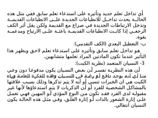 ‫هذه‬ ‫مثل‬ ‫ففي‬ ‫سابق‬ ‫تعلم‬ ‫استدعاء‬ ‫على‬ ‫وتأثيره‬ ‫جديد‬ ‫تعلم‬ ‫تداخل‬ ‫أي‬
‫ة‬ ‫القديم‬ ‫االنطباعات‬ ‫ى‬ ‫عل‬ ‫الجديدة‬ ‫لالنطباعات‬ ‫ل‬ ‫تداخ‬ ‫يحدث‬ ‫ة‬ ‫الحال‬
‫الكف‬ ‫أثر‬ ‫يقل‬ ‫ولكن‬ ‫القديمة‬ ‫مع‬ ‫صراع‬ ‫في‬ ‫الجديدة‬ ‫االرتباطات‬ ‫وتدخل‬
‫ة‬ ‫ومدعم‬ ‫االرتياح‬ ‫ى‬ ‫عل‬ ‫ة‬ ‫باعث‬ ‫ة‬ ‫القديم‬ ‫االنطباعات‬ ‫ت‬ ‫كان‬ ‫إذا‬ ‫ي‬ ‫الرجع‬
.‫بقوة‬
:) ( -
‫التقدمي‬ ‫الكف‬ ‫البعدي‬ ‫التعطيل‬ ‫ب‬
‫هذا‬ ‫ر‬‫ويظه‬ ‫ق‬‫الح‬ ‫م‬‫تعل‬ ‫تدعاء‬‫اس‬ ‫ى‬‫عل‬ ‫وتأثيره‬ ‫ابق‬‫س‬ ‫تعلم‬ ‫ل‬‫تداخ‬ ‫و‬‫ه‬
.‫متشابهين‬ ‫تعلمها‬ ‫المراد‬ ‫المادتين‬ ‫تكون‬ ‫عندما‬ ‫التأثير‬
3
:) ( -
‫الكبت‬ ‫نظرية‬ ‫المتعمد‬ ‫النسيان‬
‫ي‬ ‫وع‬ ‫دون‬ ‫ا‬ ‫مدفوع‬ ‫يكون‬ ‫يان‬ ‫النس‬ ‫ض‬ ‫بع‬ ‫ن‬ ‫أ‬ ‫ر‬ ‫تفس‬ ‫ة‬ ‫النظري‬ ‫هذه‬ ‫ن‬ ‫أ‬
‫وراء‬ ‫ة‬ ‫العام‬ ‫ة‬‫الفكر‬ ‫وهذه‬ ‫يان‬ ‫النس‬ ‫ي‬ ‫ف‬ ‫ة‬ ‫رغب‬ ‫و‬ ‫أ‬ ‫ع‬ ‫داف‬ ‫د‬‫يوج‬ ‫ه‬ ‫أن‬ ‫ي‬ ‫أ‬ ‫ا‬ ‫من‬
‫عالقتها‬ ‫بسبب‬ ‫وذلك‬ ‫تذكرها‬ ‫يتم‬ ‫ال‬ ‫أنه‬ ‫أو‬ ‫تنسي‬ ‫الخبرات‬ ‫ان‬ ‫هي‬ ‫الكبت‬
‫ر‬‫غي‬ ‫ا‬‫ألنه‬ ‫تدعاؤها‬‫اس‬ ‫م‬‫يت‬ ‫ال‬ ‫الذكريات‬ ‫ن‬‫أ‬ ‫و‬‫أ‬ ‫للفرد‬ ‫ية‬‫الشخص‬ ‫ل‬‫بالمشاك‬
‫ل‬ ‫تعم‬ ‫ي‬ ‫فه‬ ‫ن‬ ‫المهي‬ ‫و‬ ‫أ‬ ‫المؤذي‬ ‫النوع‬ ‫ن‬ ‫م‬ ‫تكون‬ ‫د‬ ‫فق‬ ‫الفرد‬ ‫لدى‬ ‫ة‬ ‫مقبول‬
‫يكون‬ ‫ة‬ ‫الحال‬ ‫هذه‬ ‫ل‬ ‫مث‬ ‫ي‬ ‫وف‬ ،‫ق‬ ‫القل‬ ‫إثارة‬ ‫و‬ ‫أ‬ ‫بالذات‬ ‫الشعور‬ ‫إثارة‬ ‫ى‬ ‫عل‬
.‫انتقالي‬ ‫النسيان‬
 