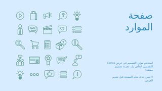 ‫صفحة‬
‫الموارد‬
‫عرض‬ ‫في‬ ‫التصميم‬ ‫موارد‬ ‫استخدم‬
Canva
‫تصميم‬ ‫تجربة‬ .‫بك‬ ‫الخاص‬ ‫التقديمي‬
!‫ممتعة‬
‫تقديم‬ ‫قبل‬ ‫الصفحة‬ ‫هذه‬ ‫حذف‬ ‫تنس‬ ‫ال‬
.‫العرض‬
 