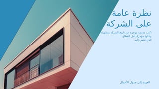 ‫عامة‬ ‫نظرة‬
‫الشركة‬ ‫على‬
‫وتطورها‬ ‫الشركة‬ ‫تاريخ‬ ‫عن‬ ‫موجزة‬ ‫مقدمة‬ ‫اكتب‬
‫القطاع‬ ‫داخل‬ ‫ا‬ً‫مؤخر‬ ‫وأدائها‬
.‫إليه‬ ‫تنتمي‬ ‫الذي‬
‫ال‬Z
‫م‬‫األع‬ ‫جدول‬ ‫إلى‬ ‫العودة‬
 