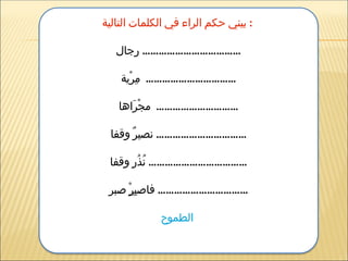 ‫التالية‬ ‫الكلمات‬ ‫في‬ ‫الراء‬ ‫حكم‬ ‫بيني‬ :
‫ِجال‬‫ر‬ ………………………………
‫ْية‬‫ر‬ِ‫م‬ ……………………………
‫َاها‬‫ر‬ْ‫ج‬‫م‬ …………………………
‫وقفا‬ ٌ‫ر‬‫نصي‬ ……………………………
‫وقفا‬ ِ‫ر‬ُ‫ذ‬ُ‫ن‬ ………………………………
ِ‫ب‬‫فاص‬
ْ‫ر‬
‫صبر‬ ……………………………
‫الطموح‬
 