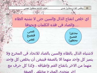 ‫الظاء‬ ‫تشتبه‬ ‫ال‬ ‫حتى‬ ‫والسين‬ ‫الذال‬ ‫انفتاح‬ ‫خلص‬ ‫اي‬
‫ونحوها‬ ‫الكلمات‬ ‫هذه‬ ‫في‬ ‫…والصاد‬
‫محذورا‬
‫فتصبح‬
‫محظورا‬
‫عسى‬
‫فتصبح‬
‫عصى‬
‫وال‬ ‫المخرج‬ ‫في‬ ‫لالتحاد‬ ‫بالصاد‬ ‫والسين‬ ‫بالظاء‬ ‫الذال‬ ‫الشتباه‬
‫واحد‬ ‫كل‬ ‫يخلص‬ ‫أن‬ ‫فينبغي‬ ‫بالصفة‬ ‫اال‬ ‫منهما‬ ‫واحد‬ ‫كل‬ ‫يتميز‬
‫مع‬ ‫حرف‬ ‫كل‬ ‫وكذا‬ ، ‫واطباقه‬ ‫الفم‬ ‫بانفتاح‬ ‫االخر‬ ‫من‬ ‫منهما‬
‫الصفة‬ ‫مختلفي‬ ‫المخرج‬ ‫متحدي‬ ‫اخر‬
 