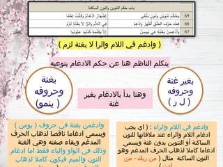 ( ‫لزم‬ ‫بغنة‬ ‫ال‬ ‫والرا‬ ‫الالم‬ ‫في‬ ‫وادغم‬ )
‫والراء‬ ‫الالم‬ ‫في‬ ‫وادغم‬
‫يجب‬ ‫اي‬ ( :
‫للنون‬ ‫مالقاتها‬ ‫عند‬ ‫والراء‬ ‫الالم‬ ‫ادغام‬
‫ويسمى‬ ‫غنة‬ ‫بدون‬ ‫التنوين‬ ‫أو‬ ‫الساكنة‬
‫وهو‬ ‫المدغم‬ ‫الحرف‬ ‫لذهاب‬ ‫كامال‬ ‫ادغاما‬
( ‫مثال‬ ‫الساكنة‬ ‫النون‬
‫من‬ - ‫ربك‬ ‫من‬
‫بنوعيه‬ ‫االدغام‬ ‫حكم‬ ‫عن‬ ‫هنا‬ ‫الناظم‬ ‫يتكلم‬
‫بغنة‬
‫وحروفه‬
)‫ينمو‬ (
‫غنة‬ ‫بغير‬
‫وحروفه‬
) ‫ر‬ ‫ل‬ (
‫بغير‬ ‫باالدغام‬ ‫بدأ‬ ‫وهنا‬
‫غنة‬
) ‫يومن‬ ( ‫حروف‬ ‫في‬ ‫بغنة‬ ‫وادغمن‬
‫الحرف‬ ‫لذهاب‬ ‫ناقصا‬ ‫ادغاما‬ ‫ويسمى‬
‫الغنة‬ ‫وهي‬ ‫صفته‬ ‫وبقاء‬ ‫المدغم‬
‫ادغام‬ ‫اما‬ ‫فقط‬ ‫والياء‬ ‫الواو‬ ‫في‬ ‫وذلك‬
‫لذهاب‬ ‫كامال‬ ‫فيكون‬ ‫والميم‬ ‫النون‬
 