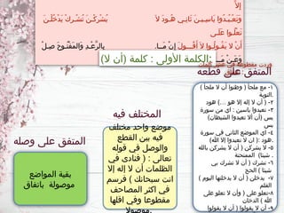 َّ‫ال‬ِ‫إ‬
َ‫ن‬‫ْـ‬‫ل‬ُ‫خ‬ْ‫د‬َ‫ي‬ ْ‫ك‬ِ‫ر‬‫ْـ‬‫ش‬ُ‫ت‬ َ‫ن‬‫ْـ‬‫ك‬ِ‫ر‬ْ‫ش‬ُ‫ي‬ َ‫ال‬ َ‫د‬‫ُـو‬‫ه‬ ‫ِـي‬‫ن‬‫َا‬‫ث‬ َ‫ن‬‫ِـيـ‬‫س‬‫َا‬‫ي‬ ‫ُوا‬‫د‬‫ُـ‬‫ب‬‫ْـ‬‫ع‬َ‫ت‬َ‫و‬
‫َـى‬‫ل‬َ‫ع‬ ‫ُـوا‬‫ل‬ْ‫ع‬َ‫ت‬
َ‫ل‬‫ُـــو‬‫ق‬َ‫أ‬ َ‫ال‬ ‫ُـوا‬‫ل‬‫ُـو‬‫ق‬َ‫ي‬ ‫ال‬ ْ‫ن‬َ‫أ‬
ْ‫ل‬‫ِـ‬‫ص‬ َ‫ح‬‫ُـو‬‫ت‬ْ‫ف‬َ‫م‬‫َال‬‫و‬ ِ‫د‬‫ْـ‬‫ع‬َّ‫ر‬‫ِال‬‫ب‬ .‫َــا‬‫م‬ ْ‫ن‬ِ‫إ‬
‫َــا‬‫م‬ ْ‫ن‬‫َـ‬‫ع‬َ‫و‬
)‫ال‬ ‫(أن‬ ‫كلمة‬ : ‫األولى‬ ‫الكلمة‬:
‫كلمات‬ ‫عشر‬ ‫في‬ ‫مقطوعة‬ ‫وردت‬
‫باتفاق‬ :
١
) ‫ملجأ‬ ‫ال‬ ‫أن‬ ‫وظنوا‬ ( ‫ملجأ‬ ‫مع‬ -
‫التوبة‬.
٢
‫هود‬ )… ‫هو‬ ‫إال‬ ‫إله‬ ‫ال‬ ‫أن‬ ( -
٣
‫سورة‬ ‫من‬ ‫اي‬ : ‫ياسين‬ ‫تعبدوا‬ -
)‫الشيطان‬ ‫تعبدوا‬ ‫أال‬ ‫(أن‬ ‫يس‬
‫يس‬
٤
‫سورة‬ ‫في‬ ‫الثاني‬ ‫الموضع‬ ‫اي‬ -
)‫هللا‬ ‫إال‬ ‫تعبدوا‬ ‫ال‬ ‫ان‬ (: ‫هود‬.
٥
‫بالله‬ ‫يشركن‬ ‫ال‬ ‫أن‬ ( ‫يشركن‬ ‫ال‬ -
‫الممتحنة‬ )‫شيئا‬ .
٦
‫بي‬ ‫تشرك‬ ‫ال‬ ‫أن‬ ( ‫تشرك‬ -
‫الحج‬ ) ‫شيئا‬
٧
) ‫اليوم‬ ‫يدخلنها‬ ‫ال‬ ‫أن‬ ( ‫يدخلن‬ -
‫القلم‬
٨
‫على‬ ‫تعلو‬ ‫ال‬ ‫وأن‬ ( ‫على‬ ‫تعلو‬-
‫الدخان‬ ) ‫هللا‬
٩
‫يقولوا‬ ‫ال‬ ‫أن‬ ( ‫يقولوا‬ ‫ال‬ ‫أن‬ -
‫مختلف‬ ‫واحد‬ ‫موضع‬
‫القطع‬ ‫بين‬ ‫فيه‬
‫قوله‬ ‫في‬ ‫والوصل‬
‫في‬ ‫فنادى‬ ( : ‫تعالى‬
‫إال‬ ‫إله‬ ‫ال‬ ‫أن‬ ‫الظلمات‬
‫فرسم‬ ) ‫سبحانك‬ ‫انت‬
‫المصاحف‬ ‫اكثر‬ ‫في‬
‫اقلها‬ ‫وفي‬ ‫مقطوعا‬
‫المواضع‬ ‫بقية‬
‫باتفاق‬ ‫موصولة‬
‫قطعه‬ ‫على‬ ‫المتفق‬
‫وصله‬ ‫على‬ ‫المتفق‬
‫فيه‬ ‫المختلف‬
 