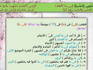 (‫َا‬‫م‬ ‫ِي‬‫ف‬) ( ‫قطعت‬
‫ِي‬‫ف‬
( ‫عن‬ )
‫َا‬‫م‬
( ‫في‬ )
11
‫ًا‬‫ع‬‫موض‬ )
‫عداها‬ ‫وما‬
‫موصول‬:
١
‫أجد‬ ‫ال‬ ‫قل‬ ( -
‫أوحي‬ ‫ما‬ ‫في‬
‫االنعام‬ ) ّ‫ي‬‫إل‬
٢
‫في‬ ‫(لمسكم‬ -
‫أفضتم‬ ‫ما‬
‫النور‬ )
٣
( -
‫اشتهت‬ ‫ما‬ ‫في‬
‫األنبياء‬ ) ‫أنفسهم‬
٤
-
٥
( -
‫ليبلوكم‬
‫ما‬ ‫في‬
‫واالنعام‬ ‫المائدة‬ ) ‫آتاكم‬
٦
‫عليكم‬ ‫جناح‬ ‫فال‬ ( -
‫ما‬ ‫في‬
‫فعلن‬
‫الموضع‬ ‫البقرة‬ ) ‫أنفسهن‬ ‫في‬
‫الثاني‬
٧
‫وننشئكم‬ ( -
‫ما‬ ‫في‬
) ‫تعلمون‬ ‫ال‬
‫الواقعة‬
٨
( -
‫ما‬ ‫في‬
) ‫رزقناكم‬
‫الروم‬
٩
-
١٠
(-
‫ما‬ ‫في‬
( ) ‫يختلفون‬ ‫فيه‬ ‫هم‬
‫ما‬ ‫في‬
) ‫يختلفون‬ ‫فيه‬ ‫كانوا‬
‫الزمر‬
١١
( -
‫ما‬ ‫في‬
) ‫ءامنين‬ ‫ههنا‬
‫الشعراء‬
‫ْا‬‫و‬َ‫ر‬‫َـ‬‫ت‬ْ‫ش‬‫َا‬‫و‬ ‫ِي‬‫ن‬‫ُو‬‫م‬ُ‫ت‬ْ‫ف‬
‫َـ‬‫م‬ ‫ُـوا‬‫ل‬ْ‫ب‬َ‫ي‬ ْ‫ت‬‫َـ‬‫ه‬َ‫ت‬ْ‫ش‬‫ا‬ ُ‫م‬‫ُـ‬‫ت‬ْ‫ض‬َ‫ف‬َ‫أ‬ ْ‫ي‬‫ِـ‬‫ح‬‫و‬ُ‫أ‬ ‫َـا‬‫ع‬َ‫ط‬ْ‫ق‬‫ا‬ ‫َـا‬‫م‬ ‫ِـي‬‫ف‬
‫ِـ‬‫ص‬ ‫ِي‬‫ذ‬ َ‫ر‬‫ْـ‬‫ي‬‫َـ‬‫غ‬َ‫و‬ ٍ‫ء‬‫َا‬‫ر‬‫َـ‬‫ع‬ُ‫ش‬ ُ‫ل‬‫ْـ‬‫ي‬ِ‫ز‬ْ‫ن‬َ‫ت‬ َ‫ِـال‬‫ك‬ ٌ‫م‬‫ُو‬‫ر‬ ْ‫ت‬‫َـ‬‫ع‬‫َـ‬‫ق‬َ‫و‬ َ‫ن‬‫ْـ‬‫ل‬‫َـ‬‫ع‬َ‫ف‬ ‫ي‬
 