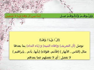 ِ‫ل‬‫ِــ‬‫ص‬ ْ‫م‬‫ُـ‬‫ه‬‫ُـو‬‫ل‬‫َـا‬‫ك‬َ‫و‬ ْ‫م‬‫ُــ‬‫ه‬‫ُـو‬‫ن‬َ‫ز‬َ‫و‬َ‫و‬
ِ‫ل‬‫ِـ‬‫ص‬‫ْـ‬‫ف‬َ‫ت‬َ‫ال‬ ‫َـا‬‫ي‬َ‫و‬ ‫َـا‬‫ه‬َ‫و‬ ْ‫ل‬‫ا‬ َ‫ن‬‫ِـ‬‫م‬ ‫َا‬‫ذ‬‫َـ‬‫ك‬
(‫َـا‬‫ه‬َ‫و‬ / ‫َـا‬‫ي‬َ‫و‬ / ْ‫ل‬‫)ا‬
‫توصل‬
)‫النداء‬ ‫(ياء‬ ‫و‬ )‫التنبيه‬ ‫و(هاء‬ )‫التعريف‬ ‫(أل‬
‫بعدها‬ ‫بما‬
) ‫يإبراهيم‬ , ‫يآدم‬ ،‫(يأيها‬ )‫هؤالء‬ ،‫َأنتم‬‫ه‬( ) ‫األنهار‬ , ‫(الناس‬ ‫مثال‬
‫بعدهم‬ ‫عما‬ ‫تفصلهم‬ ‫ال‬ ‫أي‬ : ِ‫ل‬‫تفص‬ ‫ال‬
 