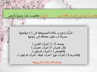 ( ‫في‬ ‫المبسوطة‬ ‫بالتاء‬ ‫وردت‬ )‫ت‬َ‫َأ‬‫ر‬ْ‫م‬‫ا‬
٧
)‫مواضع‬ :
‫زوجها‬ ‫إلى‬ ‫مضافة‬ ‫تكون‬ ‫أن‬ ‫بشرط‬ .
‫يوسف‬
2
) ‫العزيز‬ ‫امرأت‬ ( ( ،
‫عمران‬ ‫وآل‬
1
) ‫عمران‬ ‫امرأت‬ (
‫والقصص‬
1
) ‫فرعون‬ ‫امرأت‬ (
، ‫والتحريم‬
3
) ‫فرعون‬ ‫امرأت‬ ‫؛‬ ‫لوط‬ ‫امرأت‬ ‫؛‬ ‫نوح‬ ‫امرأت‬ (
‫المربوطة‬ ‫بالتاء‬ ‫وماعداها‬ .
َ‫م‬‫ْـ‬‫ي‬ِ‫ر‬ْ‫ح‬َ‫ت‬ ْ‫ص‬‫َـ‬‫ص‬َ‫ق‬ْ‫ل‬‫ا‬ َ‫ن‬‫َا‬‫ر‬‫ْـ‬‫م‬ِ‫ع‬ َ‫ف‬‫ُـ‬‫س‬‫ُو‬‫ي‬ ٌ‫ت‬َ‫َأ‬‫ر‬‫ْـ‬‫م‬‫َا‬‫و‬
ْ‫ص‬‫َـ‬‫خ‬ُ‫ي‬ ْ‫ع‬‫ِـ‬‫م‬َ‫س‬ ْ‫د‬‫َـ‬‫ق‬ِ‫ب‬ ْ‫ت‬‫َـ‬‫ي‬ِ‫ص‬ْ‫ع‬َ‫م‬
 