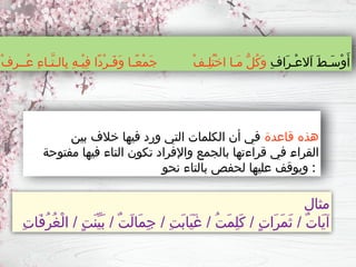 ِ‫ف‬‫َا‬‫ر‬‫ْـ‬‫ع‬‫َال‬‫ا‬ َ‫ط‬‫َـ‬‫س‬ْ‫و‬َ‫أ‬
ْ‫ف‬ِ‫ر‬‫ُــ‬‫ع‬ ِ‫ء‬‫َّـا‬‫ت‬‫ِالـ‬‫ب‬ ِ‫ه‬‫ْـ‬‫ي‬ِ‫ف‬ ‫ًا‬‫د‬ْ‫ر‬‫َـ‬‫ف‬َ‫و‬ ‫ـا‬
‫ـ‬ً‫ع‬ْ‫م‬َ‫ج‬ ْ‫ف‬‫ِـ‬‫ل‬ُ‫ت‬ْ‫خ‬‫ا‬ ‫َـا‬‫م‬ ُّ‫ل‬ُ‫ك‬َ‫و‬
‫قاعدة‬ ‫هذه‬
‫بين‬ ‫خالف‬ ‫فيها‬ ‫ورد‬ ‫التي‬ ‫الكلمات‬ ‫أن‬ ‫في‬
‫مفتوحة‬ ‫فيها‬ ‫التاء‬ ‫تكون‬ ‫واإلفراد‬ ‫بالجمع‬ ‫قراءتها‬ ‫في‬ ‫ـ‬
‫ء‬‫القرا‬
‫نحو‬ ‫بالتاء‬ ‫لحفص‬ ‫عليها‬ ‫ويوقف‬ :
‫مثال‬
ِ‫ت‬‫َا‬‫ف‬ُ‫ر‬ُ‫غ‬ْ‫ل‬‫ا‬ / ٍ‫ت‬َ‫ن‬ِّ‫ي‬َ‫ب‬ / ٌ‫ت‬َ‫ل‬‫َا‬‫م‬ِ‫ج‬ / ِ‫ت‬َ‫ب‬‫َا‬‫ي‬َ‫غ‬ / ُ‫ت‬َ‫م‬ِ‫ل‬َ‫ك‬ / ٍ‫ت‬‫َا‬‫ر‬َ‫م‬َ‫ث‬ / ٌ‫ت‬‫َا‬‫ي‬‫آ‬
 