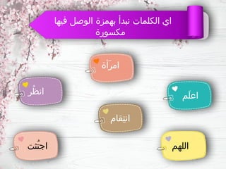 ‫فيها‬ ‫الوصل‬ ‫بهمزة‬ ‫نبدأ‬ ‫الكلمات‬ ‫اي‬
‫مكسورة‬
‫َم‬‫ل‬‫اع‬
‫اللهم‬
‫ُثت‬‫ت‬‫اج‬
‫ِقام‬‫ت‬‫ان‬
‫َأة‬‫ر‬‫ام‬
‫ُر‬‫ظ‬‫ان‬
 