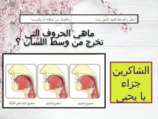 ‫التي‬ ‫الحروف‬ ‫ماهي‬
‫؟‬ ‫اللسان‬ ‫وسط‬ ‫من‬ ‫تخرج‬
‫الشاكرين‬
‫جزاء‬
‫يحيى‬ ‫يا‬
 