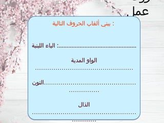 ‫ورقة‬
‫عمل‬
‫التالية‬ ‫الحروف‬ ‫ألقاب‬ ‫بيني‬ :
‫اللينية‬ ‫الياء‬ :…………………………………………
‫المدية‬ ‫الواو‬
…………………………………………
‫………………………………………النون‬
……………
‫الذال‬
……………………………………………
…………
 