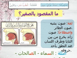 ‫بالصفير؟‬ ‫المقصود‬ ‫ما‬
‫لغة‬
‫يشبه‬ ‫صوت‬ :
‫الطائر‬ ‫صوت‬.
‫ًا‬‫ح‬‫واصطال‬
‫صوت‬ :
‫بين‬ ‫من‬ ‫يخرج‬ ‫زائد‬
‫اللسان‬ ‫وطرف‬ ‫الثنايا‬
‫بأحد‬ ‫النطق‬ ‫عند‬
‫حروفه‬.
‫أمثلة‬
‫ال‬ :
‫س‬
‫ال‬ - ‫ماء‬
‫ص‬
- ‫الحات‬
 
