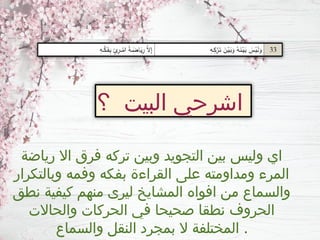 ‫؟‬ ‫البيت‬ ‫اشرحي‬
‫رياضة‬ ‫اال‬ ‫فرق‬ ‫تركه‬ ‫وبين‬ ‫التجويد‬ ‫بين‬ ‫وليس‬ ‫اي‬
‫وبالتكرار‬ ‫وفمه‬ ‫بفكه‬ ‫القراءة‬ ‫على‬ ‫ومداومته‬ ‫المرء‬
‫نطق‬ ‫كيفية‬ ‫منهم‬ ‫ليرى‬ ‫المشايخ‬ ‫افواه‬ ‫من‬ ‫والسماع‬
‫والحاالت‬ ‫الحركات‬ ‫في‬ ‫صحيحا‬ ‫نطقا‬ ‫الحروف‬
‫والسماع‬ ‫النقل‬ ‫بمجرد‬ ‫ال‬ ‫المختلفة‬ .
 