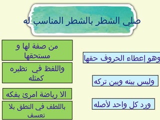 ‫له‬ ‫المناسب‬ ‫بالشطر‬ ‫الشطر‬ ‫صلي‬
‫و‬ ‫لها‬ ‫صفة‬ ‫من‬
‫مستحقها‬
‫نظيره‬ ‫في‬ ‫واللفظ‬
‫كمثله‬ ‫تركه‬ ‫وبين‬ ‫بينه‬ ‫وليس‬
‫بفكه‬ ‫امرئ‬ ‫رياضة‬ ‫اال‬
‫حقها‬ ‫الحروف‬ ‫إعطاء‬ ‫وهو‬
‫ألصله‬ ‫واحد‬ ‫كل‬ ‫ورد‬
‫بال‬ ‫النطق‬ ‫في‬ ‫باللطف‬
‫تعسف‬
 