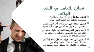 36
‫النقد‬ ‫مع‬ ‫للتعامل‬ ‫نصائح‬
:‫ام‬ّ‫د‬‫اله‬

ً‫هادئا‬ ‫البقاء‬
:
‫وال‬ ً‫هادئا‬ ‫تظل‬ ‫أن‬ ‫حاول‬
‫ام‬ّ‫د‬‫اله‬ ‫النقد‬ ‫تلقي‬ ‫عند‬ ‫بعاطفة‬ ‫تستجيب‬
.

‫الذات‬ ‫عن‬ ‫النقد‬ ‫فصل‬
:
‫بشكل‬ ‫النقد‬ ‫تأخذ‬ ‫ال‬
‫الشخصية‬ ‫هويتك‬ ‫عن‬ ‫فصله‬ ‫حاول‬ ‫بل‬ ،‫شخصي‬
.

‫للتعلم‬ ‫الفرصة‬ ‫عن‬ ‫البحث‬
:
‫استخدام‬ ‫حاول‬
‫من‬ ‫واستفد‬ ،‫والتطوير‬ ‫للتحسين‬ ‫كفرصة‬ ‫النقد‬
‫وجدت‬ ‫إن‬ ‫البناءة‬ ‫الجوانب‬
.

‫بناء‬ ‫بشكل‬ ‫مشاعرك‬ ‫عن‬ ‫التعبير‬
:
‫كان‬ ‫إذا‬
‫عن‬ ‫وبناء‬ ‫هادئ‬ ‫بشكل‬ ‫التحدث‬ ‫بإمكانك‬
‫وموضوعي‬ ‫ودي‬ ‫بشكل‬ ‫ذلك‬ ‫فافعل‬ ،‫مشاعرك‬
.
 