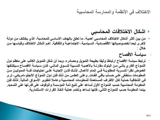 
‫المحاسبي‬ ‫االختالفات‬ ‫اشكال‬

‫ة‬p‫ل‬‫دو‬ ‫ن‬p‫م‬ ‫ف‬p‫ل‬‫يخت‬ ‫الذي‬ ،‫بة‬p‫س‬‫للمحا‬ ‫اسي‬p‫س‬‫األ‬ ‫بالهدف‬ ‫ق‬p‫ل‬‫تع‬ ‫ا‬p‫م‬ ،‫ة‬p‫ي‬‫أهم‬ ‫بي‬p‫س‬‫المحا‬ ‫االختالف‬ ‫أشكال‬ ‫ر‬p‫ث‬‫أك‬ ‫ن‬p‫ي‬‫ب‬ ‫ن‬p‫م‬
‫ن‬pp‫م‬ ‫ها‬pp‫وقياس‬ ‫االختالف‬ ‫أشكال‬ ‫م‬pp‫أه‬ .‫والثقافية‬ ‫ة‬pp‫االجتماعي‬ ،‫ياسية‬pp‫الس‬ ،‫ادية‬pp‫االقتص‬ ‫وصياتها‬pp‫لخص‬ ‫ا‬pp‫تبع‬ ‫ألخرى‬
‫خالل‬
:
◦
‫االفصاح‬ ‫سياسة‬

‫ياسة‬p‫س‬ ‫ط‬p‫ب‬‫ترت‬
‫اح‬p‫ص‬‫االف‬
‫دول‬ ‫م‬p‫ظ‬‫مع‬ ‫ى‬p‫ل‬‫ع‬ ‫ب‬p‫ل‬‫الغا‬ ‫ل‬p‫ي‬‫التمو‬ ‫ل‬p‫ك‬‫ش‬ ‫ن‬p‫أ‬ ‫ا‬p‫م‬‫وب‬ ،‫ادره‬p‫ص‬‫وم‬ ‫ل‬p‫ي‬‫التمو‬ ‫ة‬p‫ع‬‫بطبي‬ ‫ا‬p‫ق‬‫وثي‬ ‫ا‬p‫ط‬‫ارتبا‬
‫النموذج‬
‫القاري‬
‫ياسة‬p‫س‬ ‫ن‬pp‫فإ‬ ،‫ي‬pp‫المال‬ ‫وق‬p‫للس‬ ‫بية‬p‫النس‬ ‫ة‬pp‫باألهمي‬ ‫ة‬pp‫مقارن‬ ‫البنوك‬ ‫ن‬pp‫م‬ ‫ي‬pp‫يأت‬
‫اح‬pp‫االفص‬
‫يكتنفها‬p‫س‬
‫ن‬pp‫م‬ ‫ن‬pp‫الممولي‬ ‫ة‬pp‫فئ‬ ‫احتياجات‬ ‫ى‬pp‫عل‬ ‫ة‬pp‫اإلجاب‬ ‫ن‬pp‫فإ‬ ‫ك‬pp‫لذل‬ .‫األعمال‬ ‫إتمام‬ ‫ي‬pp‫ف‬ ‫ة‬pp‫المطلوب‬ ‫رية‬pp‫للس‬ ‫نظرا‬ ‫الغموض‬
‫النموذج‬ ‫دول‬ ‫ن‬p‫فإ‬ ‫ك‬p‫ذل‬ ‫ن‬p‫م‬ ‫س‬p‫العك‬ ‫ى‬p‫وعل‬ .‫الفئات‬ ‫ي‬p‫باق‬ ‫اب‬p‫حس‬ ‫ى‬p‫عل‬ ‫تطغى‬p‫س‬ ‫المعلومات‬
‫ي‬p‫امريك‬-‫االنجلو‬
‫ترى‬ ،
‫ن‬p‫إ‬‫ف‬ ‫ك‬p‫ل‬‫لذ‬ .‫المالية‬ ‫واق‬p‫س‬‫األ‬ ‫ر‬p‫ي‬‫لتطو‬ ‫وعامال‬ ‫بية‬p‫س‬‫المحا‬ ‫للمعلومات‬ ‫تعملة‬p‫س‬‫الم‬ ‫األطراف‬ ‫ل‬p‫ك‬‫ل‬ ‫ة‬p‫ي‬‫حما‬ ‫ة‬p‫ي‬‫الشفاف‬ ‫ي‬p‫ف‬
.‫التسديد‬ ‫على‬ ‫قدرتها‬ ‫على‬ ‫والوقوف‬ ‫المؤسسة‬ ‫ذمة‬ ‫ع‬p‫ب‬‫تت‬ ‫على‬ ‫تساعد‬ ‫األول‬ ‫النموذج‬ ‫حسب‬ ‫المحاسبية‬ ‫المعلومة‬
‫االستثمارية‬ ‫القرارات‬ ‫اتخاذ‬ ‫عملية‬ ‫وتخدم‬ ‫تساعد‬ ‫فإنها‬ ،‫الثاني‬ ‫النموذج‬ ‫حسب‬ ‫المعلومة‬ ‫بينما‬
.
3
-
19
 