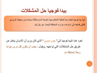 ‫بيداغوجيا‬
‫المشكالت‬ ‫حل‬
‫هذه‬ ‫تعود‬
‫البيداغوجيا‬
‫إلى‬
"
‫جون‬
‫ديوي‬
"
‫يتع‬ ‫اإلنسان‬ ‫أن‬ ‫يرى‬ ‫كان‬ ‫الذي‬
‫عن‬ ‫لم‬
‫التي‬ ‫المشكالت‬ ‫حل‬ ‫طريق‬
‫تواجهه‬
,
‫ويقول‬
:
‫جوابا‬ ‫درس‬ ‫كل‬ ‫يكون‬ ‫أن‬ ‫يجب‬
‫ما‬ ‫لمشكلة‬ ‫وحال‬
.
‫إنها‬
‫بيداغوجيا‬
‫محيطه‬ ‫من‬ ‫مستمدة‬ ‫مشكلة‬ ‫أمام‬ ‫تضعه‬ ‫حيث‬ ‫المتعلم‬ ‫فعالية‬ ‫مبدأ‬ ‫تعتمد‬
‫السوسيو‬
‫لها‬ ‫حل‬ ‫عن‬ ‫للبحث‬ ‫المختلفة‬ ‫موارده‬ ‫استدعاء‬ ‫إلى‬ ‫فتدفعه‬ ‫ثقافي‬
.
3
 
