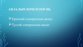 АЯЛАЛЫН ЗОРИЛГООР НЬ
Ерөнхий сонирхолын аялал
Тусгай сонирхолын аялал
 
